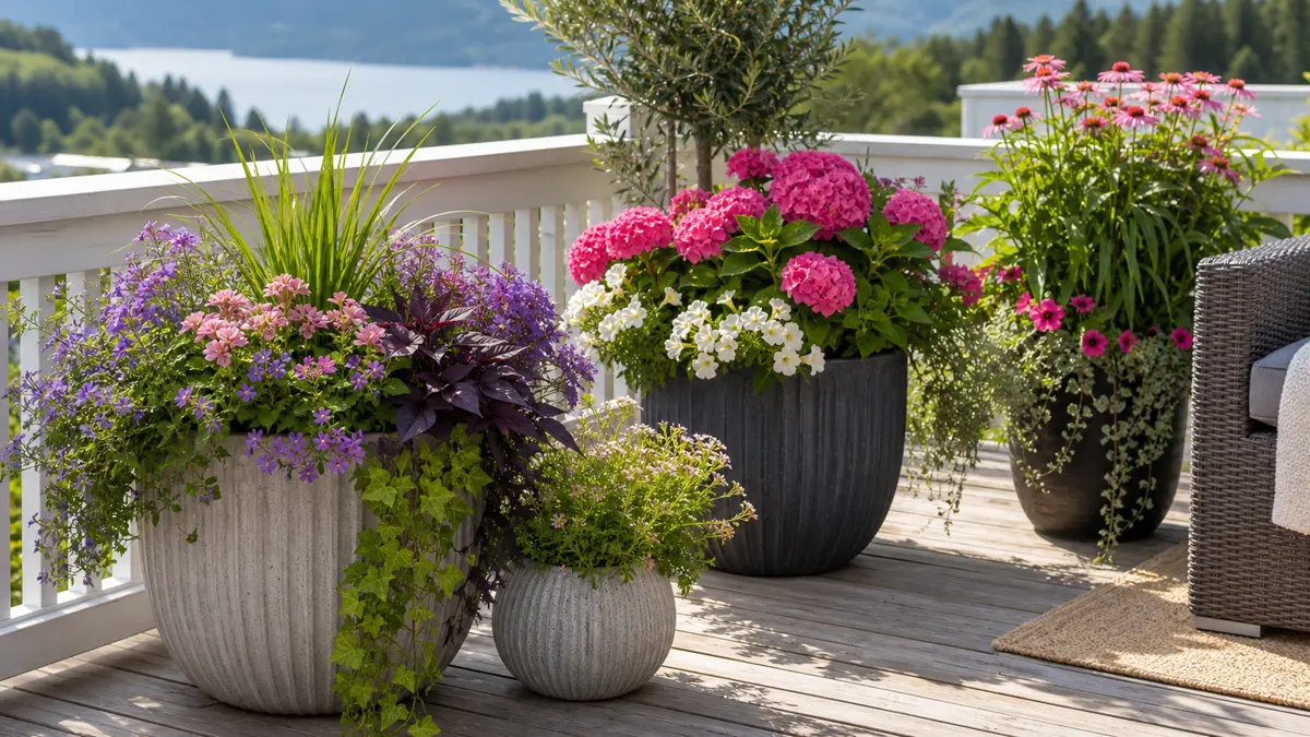 Blomster i krukker vist som redaktionel haveillustration i et frodigt dansk havemiljø