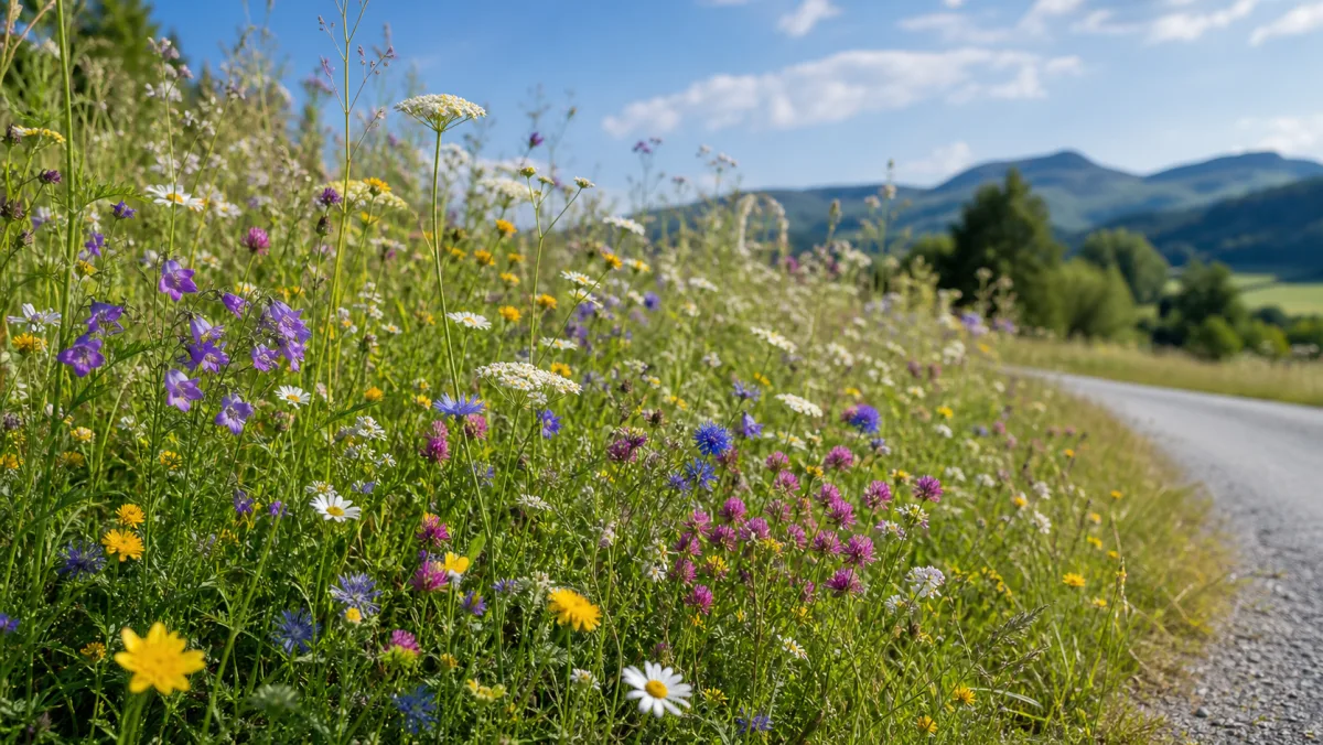 Blomster til vejkanten vist som redaktionel haveillustration i et frodigt dansk havemiljø
