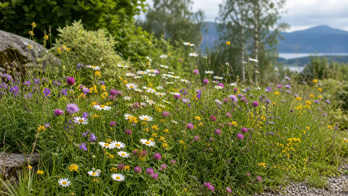 Engblomster frø vist som redaktionel haveillustration i et frodigt dansk havemiljø