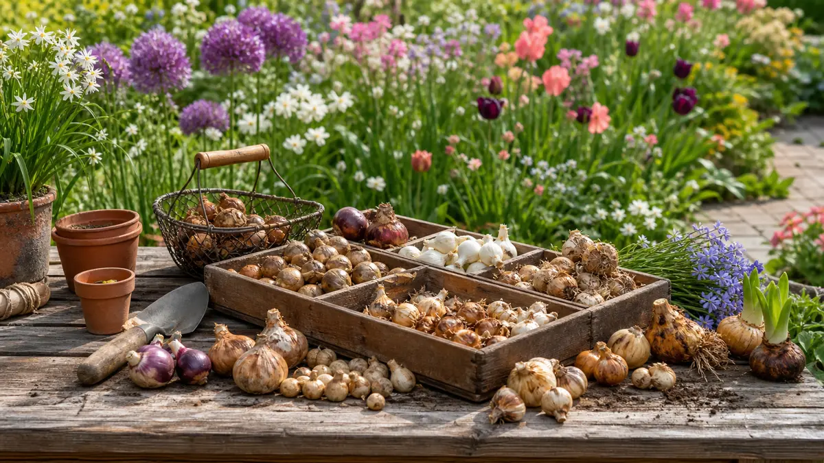 Blomsterløg online vist som redaktionel haveillustration i et frodigt dansk havemiljø