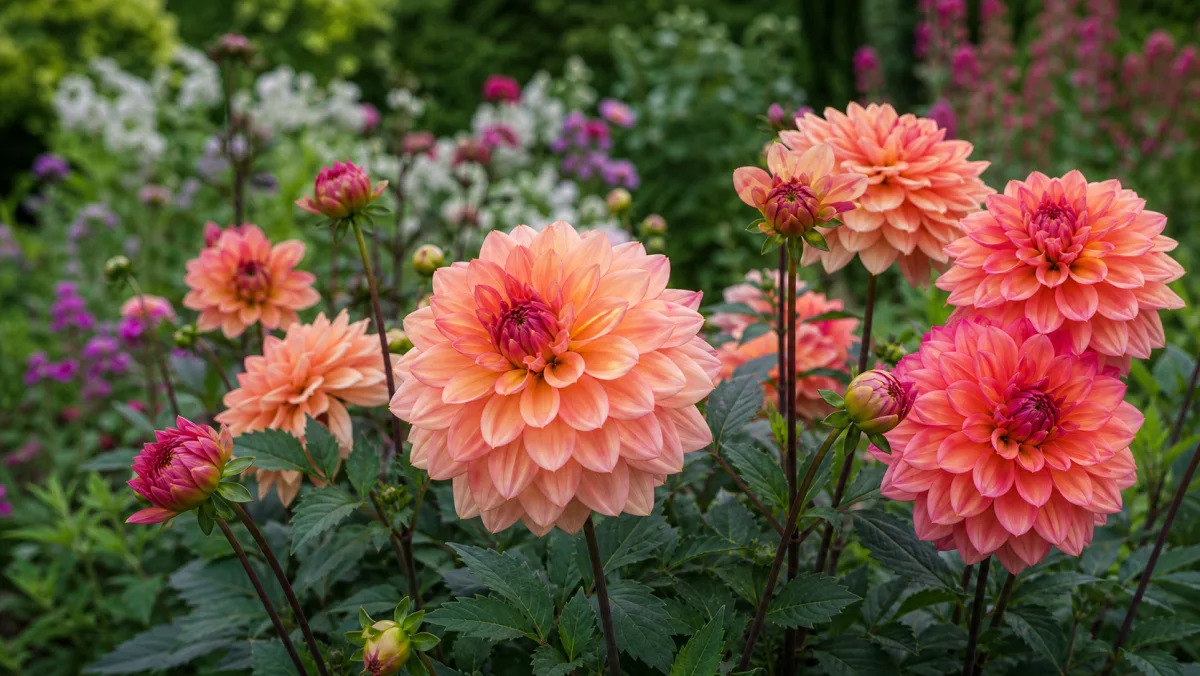 Dahlia 'American Dawn' vist som redaktionel haveillustration i et frodigt dansk havemiljø