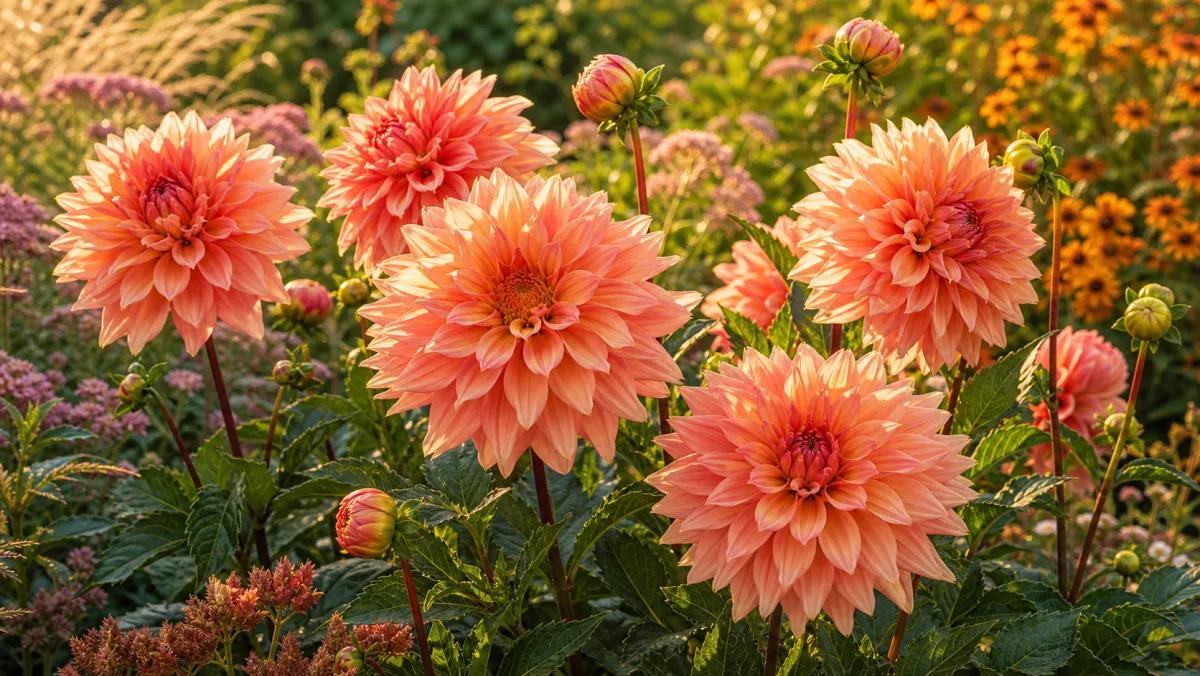 Dahlia 'Belle of Barmera' vist som redaktionel haveillustration i et frodigt dansk havemiljø