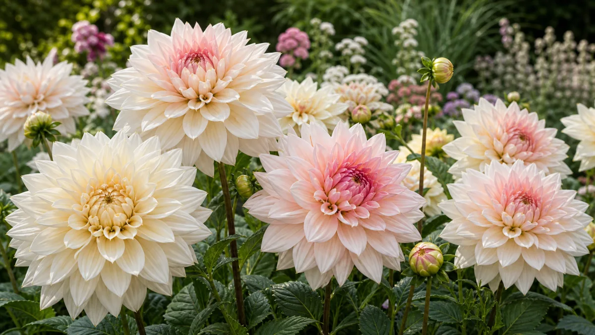 Dahlia 'Break Out' vist som redaktionel haveillustration i et frodigt dansk havemiljø