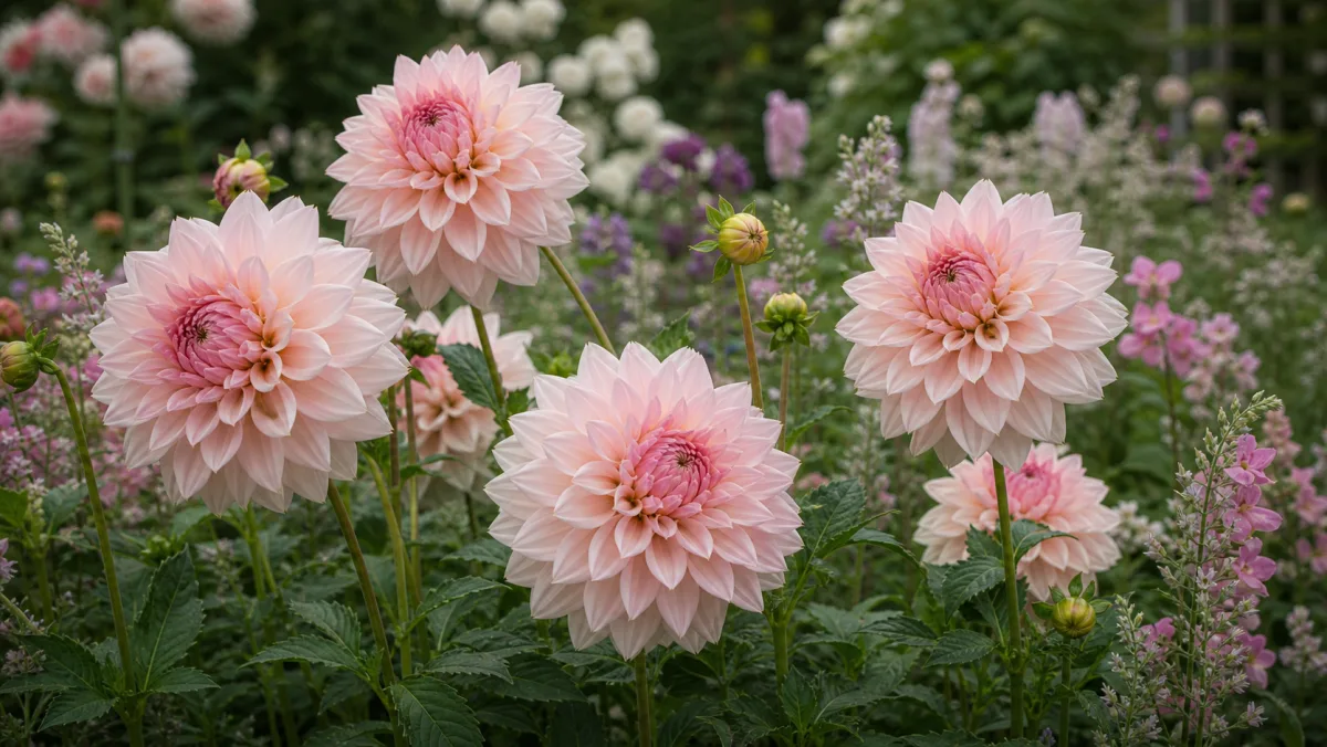 Dahlia 'Café au Lait Rose' vist som redaktionel haveillustration i et frodigt dansk havemiljø