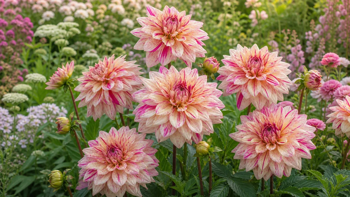 Dahlia 'Café au Lait Twist' vist som redaktionel haveillustration i et frodigt dansk havemiljø