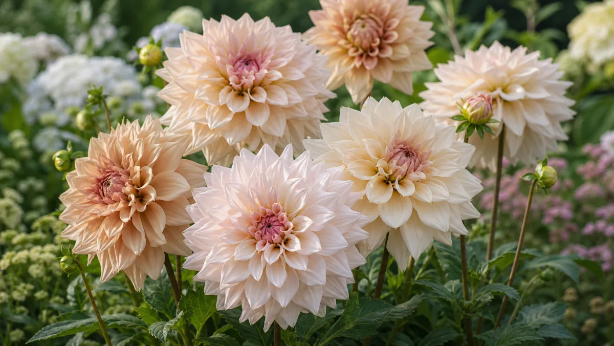 Dahlia 'Café au Lait' vist som redaktionel haveillustration i et frodigt dansk havemiljø