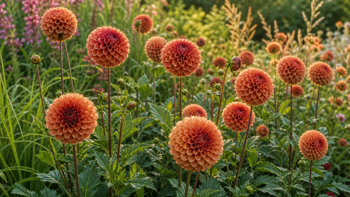Dahlia 'Cornel Brons' vist som redaktionel haveillustration i et frodigt dansk havemiljø
