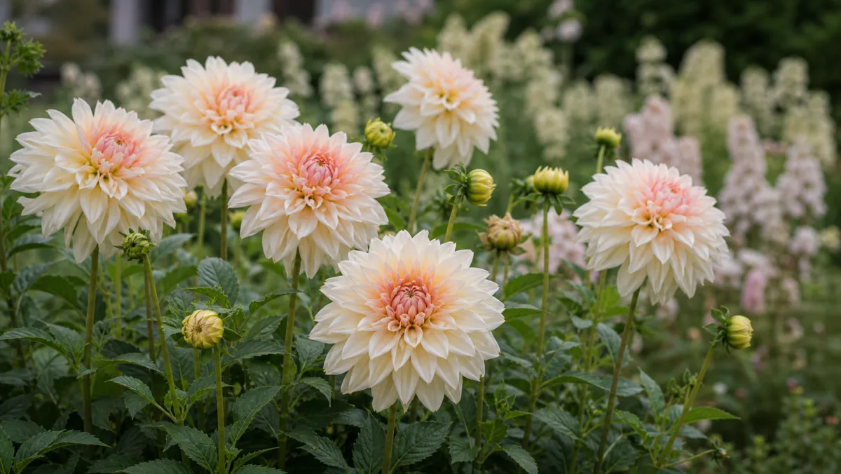Dahlia 'Diana's Memory' vist som redaktionel haveillustration i et frodigt dansk havemiljø