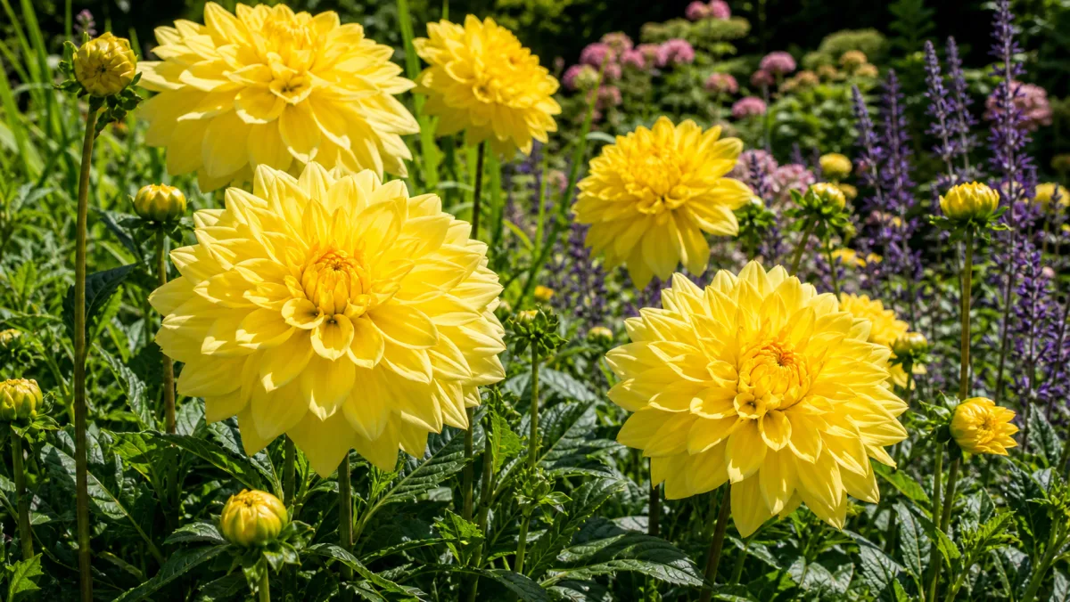 Dahlia 'Fairway Spur' vist som redaktionel haveillustration i et frodigt dansk havemiljø