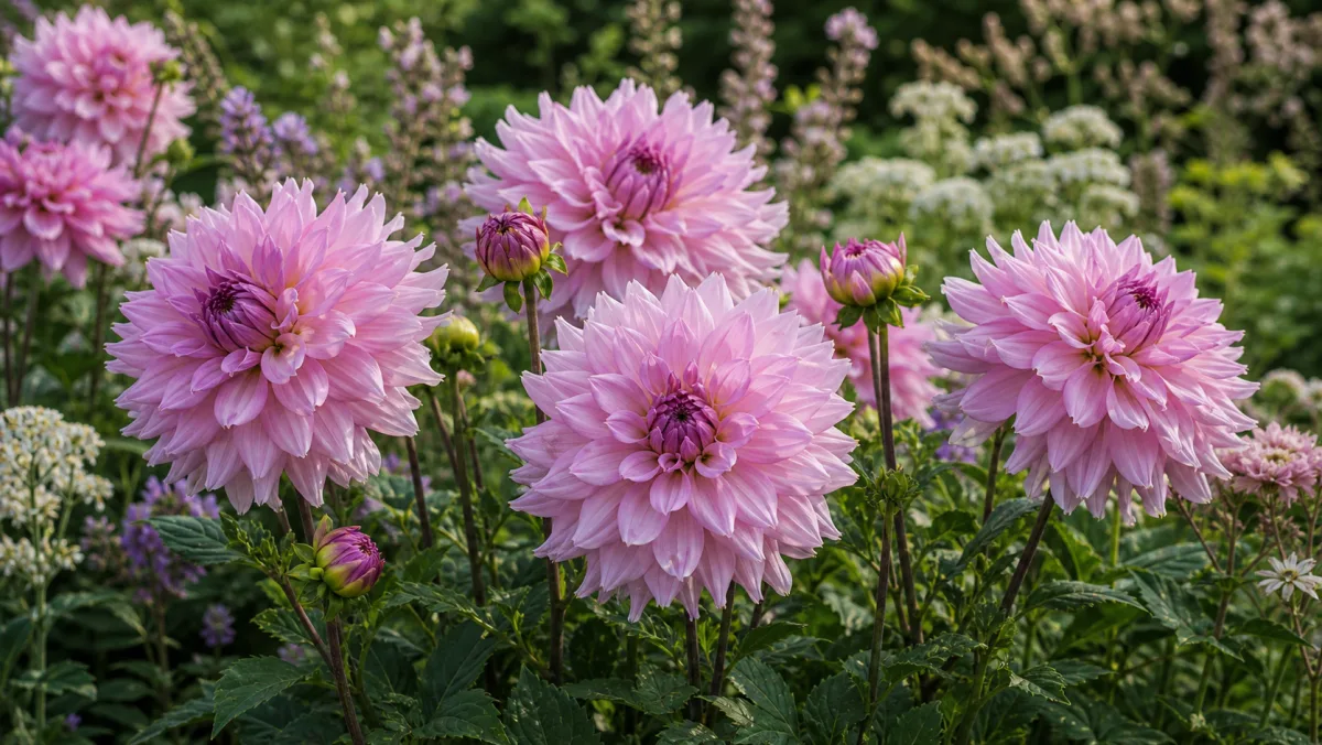 Dahlia 'Lavender Perfection' vist som redaktionel haveillustration i et frodigt dansk havemiljø