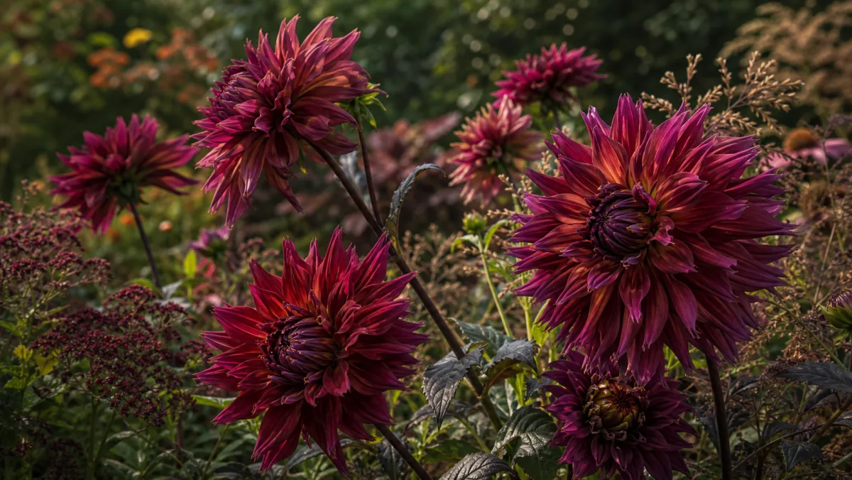Dahlia 'Penhill Dark Monarch' vist som redaktionel haveillustration i et frodigt dansk havemiljø
