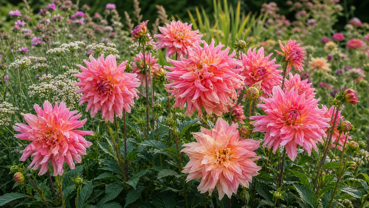 Dahlia 'Penhill Watermelon' vist som redaktionel haveillustration i et frodigt dansk havemiljø