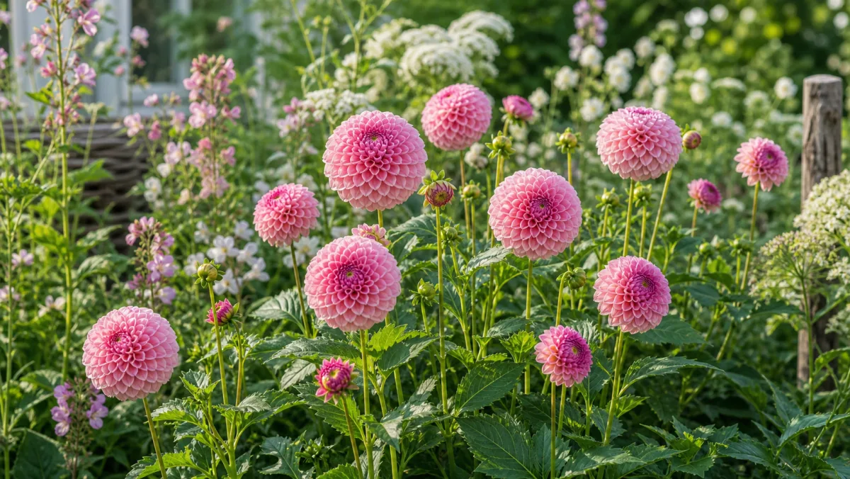 Dahlia 'Stolze von Berlin' vist som redaktionel haveillustration i et frodigt dansk havemiljø