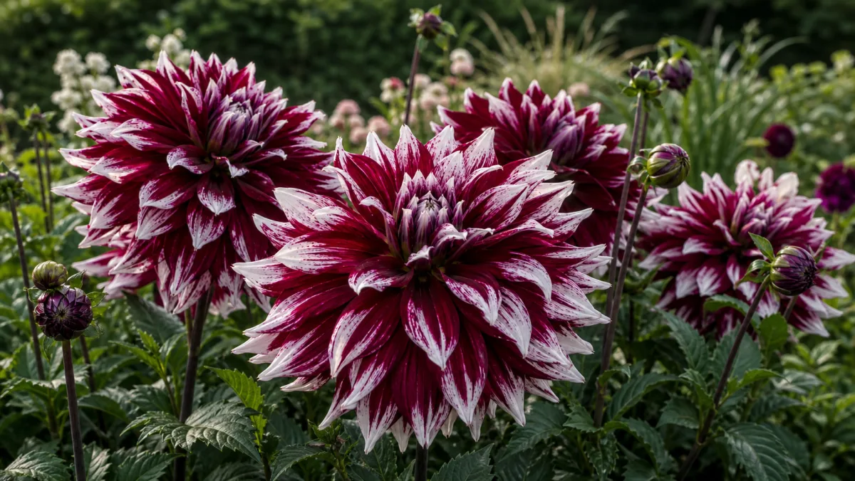 Dahlia 'Tartan' vist som redaktionel haveillustration i et frodigt dansk havemiljø