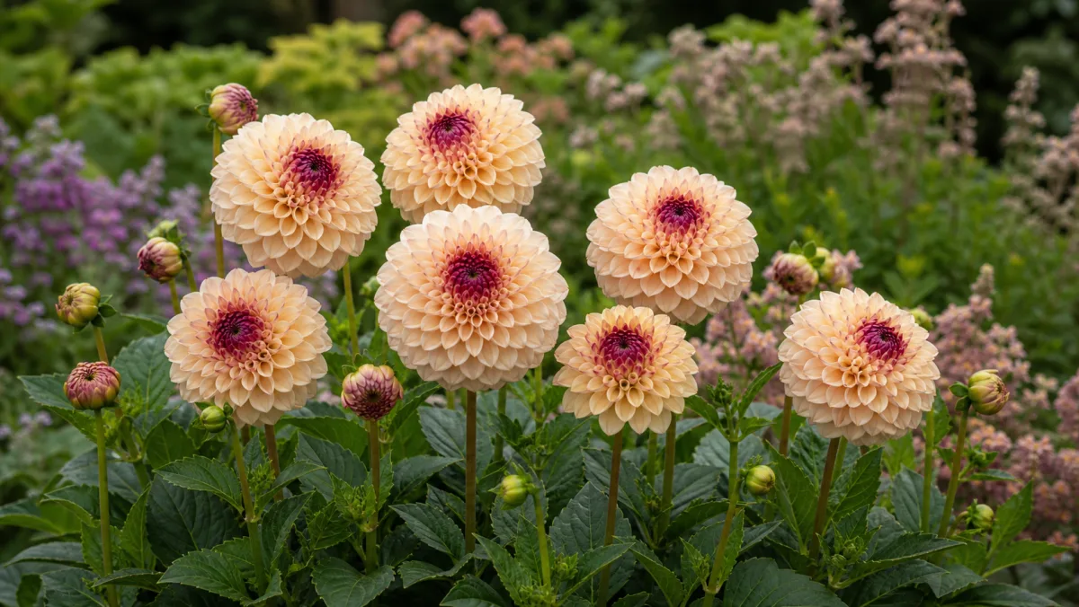 Dahlia 'Wine Eyed Jill' vist som redaktionel haveillustration i et frodigt dansk havemiljø