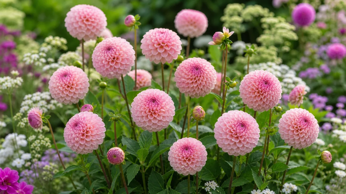 Dahlia 'Wizard of Oz' vist som redaktionel haveillustration i et frodigt dansk havemiljø
