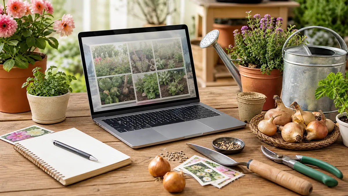 Havebutik online vist som redaktionel haveillustration i et frodigt dansk havemiljø