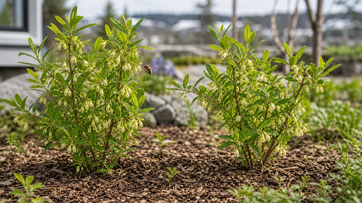 To honningbærbuske med tidlige lysegule blomster plantet tæt på hinanden