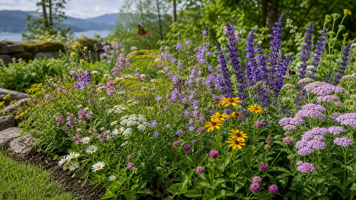Bestøvervenlige blomster vist som redaktionel haveillustration i et frodigt dansk havemiljø