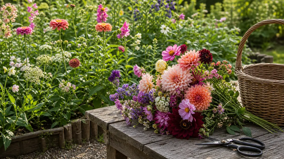 Snitblomster fra frø vist som redaktionel haveillustration i et frodigt dansk havemiljø