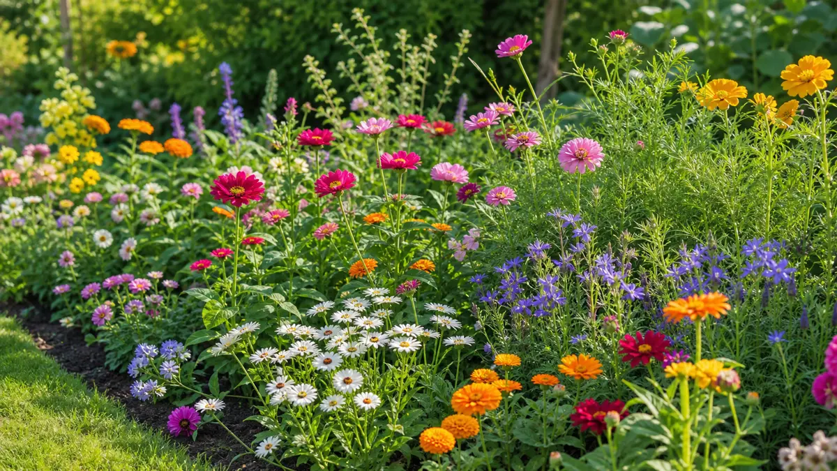 Sommerblomster fra frø vist som redaktionel haveillustration i et frodigt dansk havemiljø
