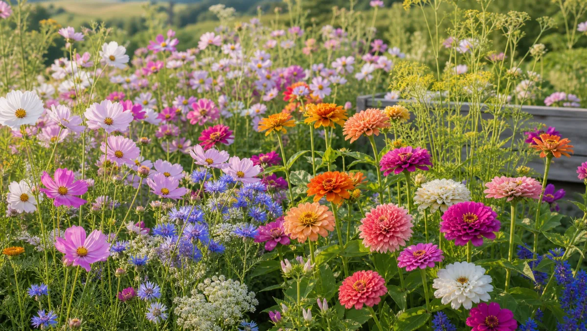 Sommerens snitblomster vist som redaktionel haveillustration i et frodigt dansk havemiljø