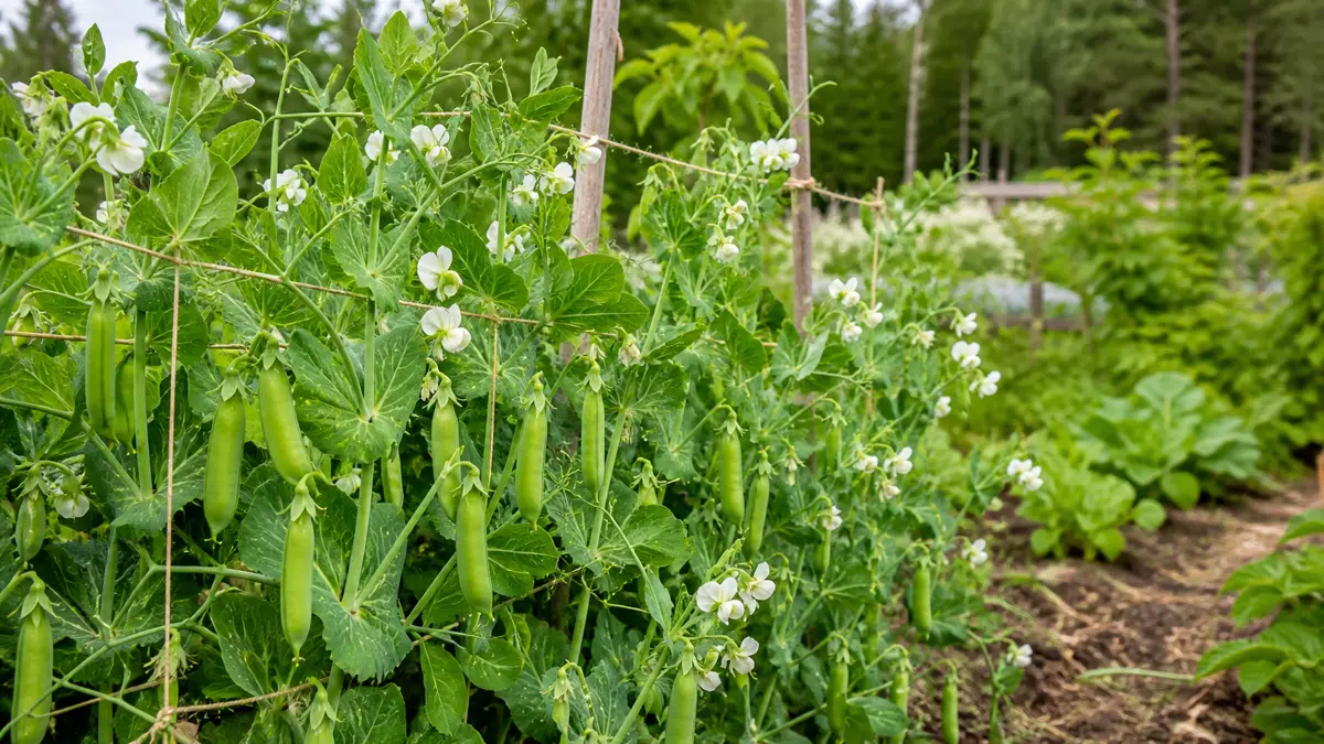 Sukkerærter vist som redaktionel haveillustration i et frodigt dansk havemiljø