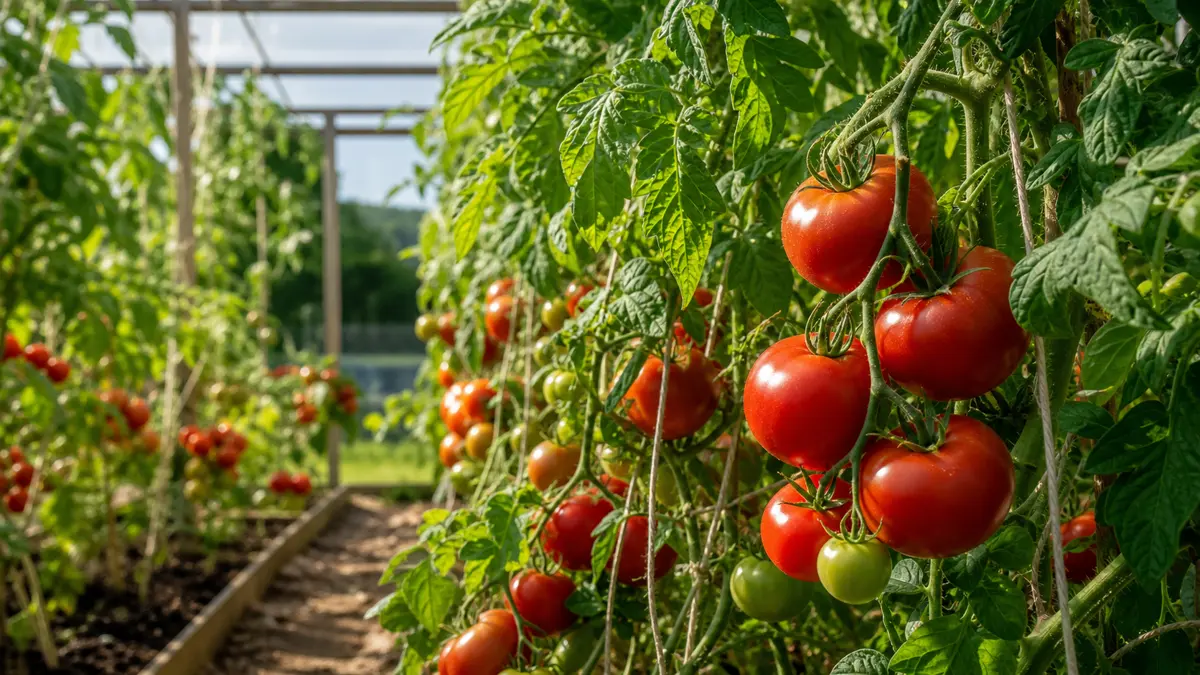 Tomater vist som redaktionel haveillustration i et frodigt dansk havemiljø